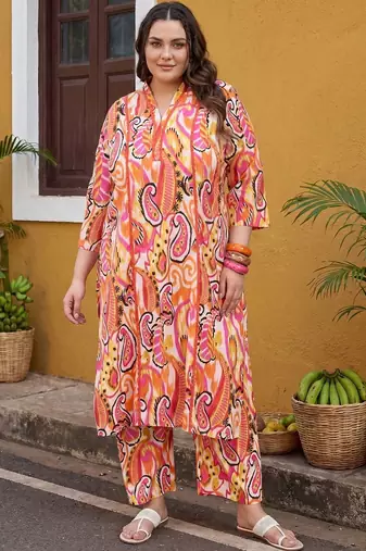 Plus Size Multi Printed Straight Kurta Trousers Set