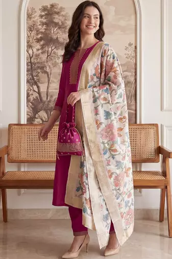 Women Floral Regular Thread Work Kurta with Trousers & With Dupatta