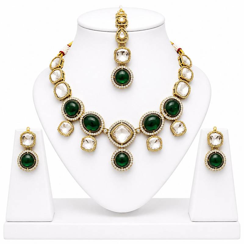kundan green mehendi polish necklace set with earrings and maang tikka for bridal wedding jewelry