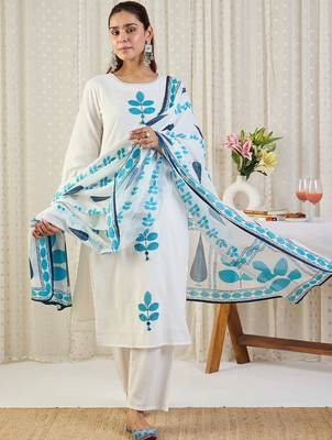 Ethnic Motifs Embroidered Thread Work Pure Cotton Kurta With Trousers & Dupatta 1