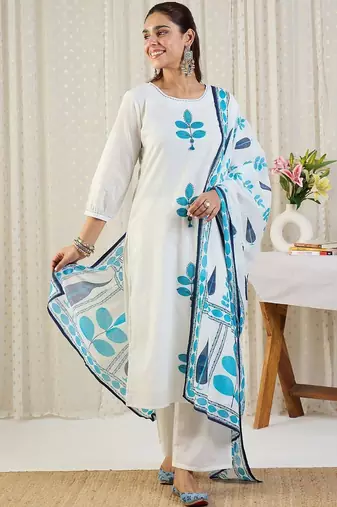 Ethnic Motifs Embroidered Thread Work Pure Cotton Kurta With Trousers & Dupatta