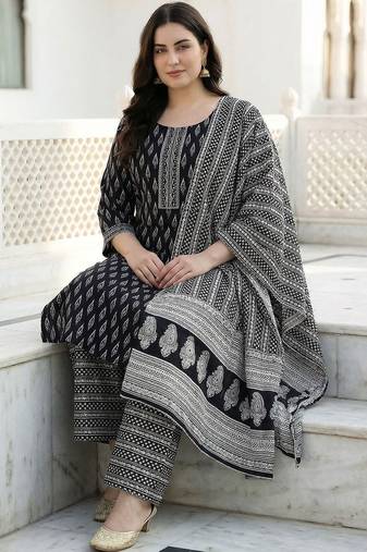 Plus Size Printed Mirror Work Pure Cotton Kurta with Palazzos & With Dupatta
