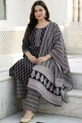 Plus Size Printed Mirror Work Pure Cotton Kurta with Palazzos & With Dupatta