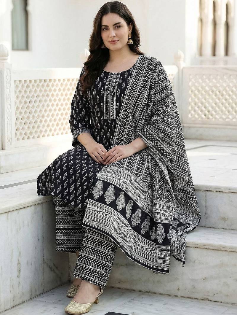 Plus Size Printed Mirror Work Pure Cotton Kurta with Palazzos & With Dupatta