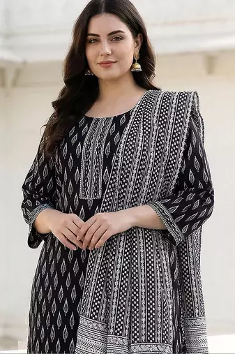 Plus Size Printed Mirror Work Pure Cotton Kurta with Palazzos & With Dupatta