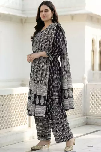 Plus Size Printed Mirror Work Pure Cotton Kurta with Palazzos & With Dupatta