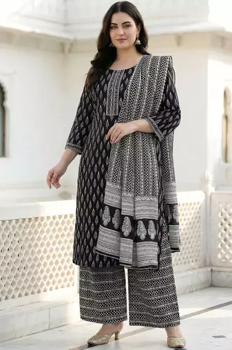 Plus Size Printed Mirror Work Pure Cotton Kurta with Palazzos & With Dupatta