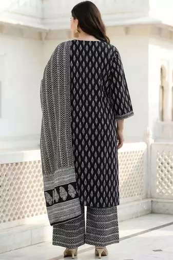 Plus Size Printed Mirror Work Pure Cotton Kurta with Palazzos & With Dupatta