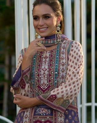 Floral Printed Mirror Work Liva Kurta with Palazzos & Dupatta 2