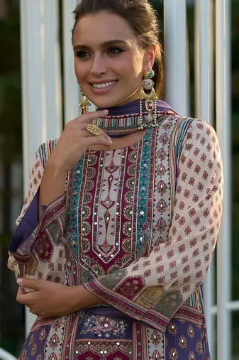 Floral Printed Mirror Work Liva Kurta with Palazzos & Dupatta
