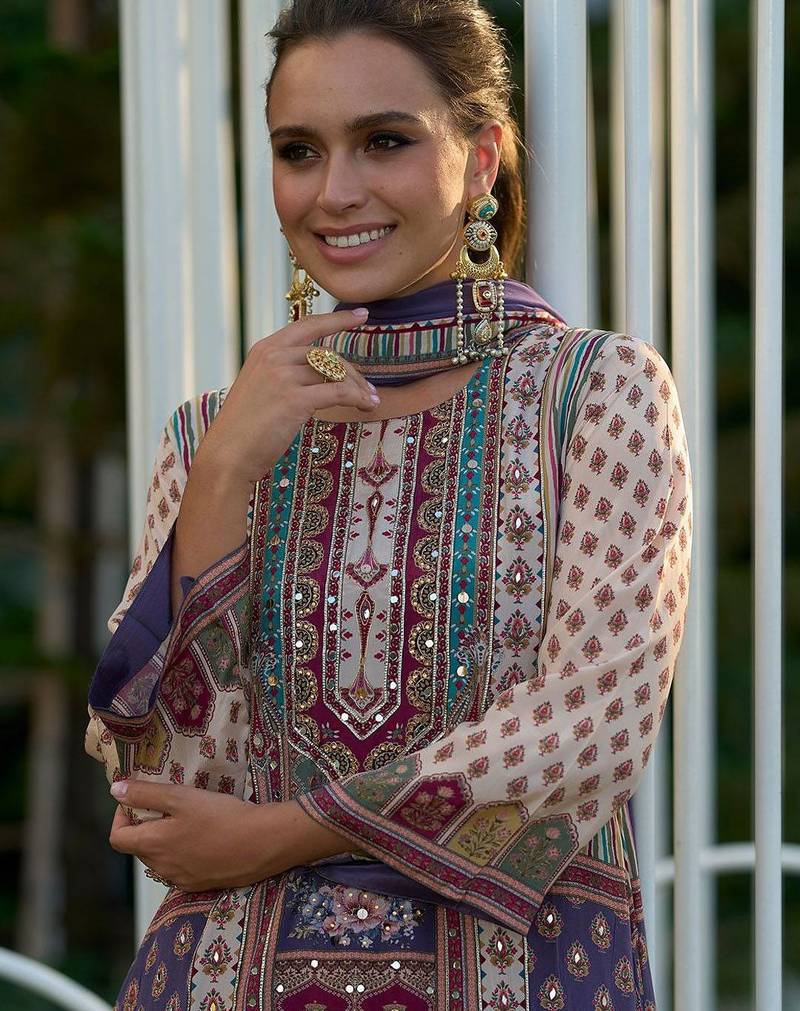 Floral Printed Mirror Work Liva Kurta with Palazzos & Dupatta