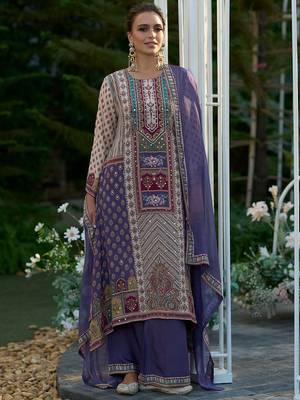 Floral Printed Mirror Work Liva Kurta with Palazzos & Dupatta 1