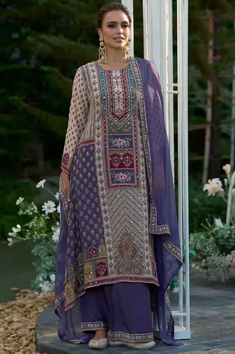 Floral Printed Mirror Work Liva Kurta with Palazzos & Dupatta