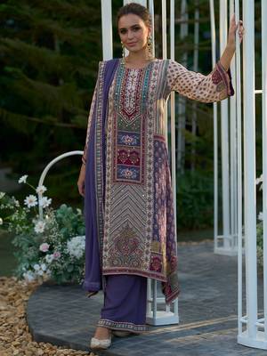 Floral Printed Mirror Work Liva Kurta with Palazzos & Dupatta 3