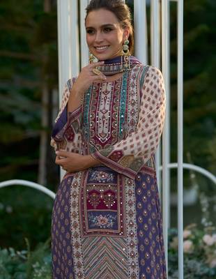 Floral Printed Mirror Work Liva Kurta with Palazzos & Dupatta 5