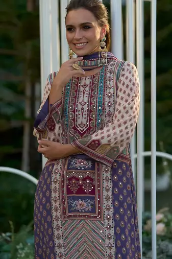 Floral Printed Mirror Work Liva Kurta with Palazzos & Dupatta