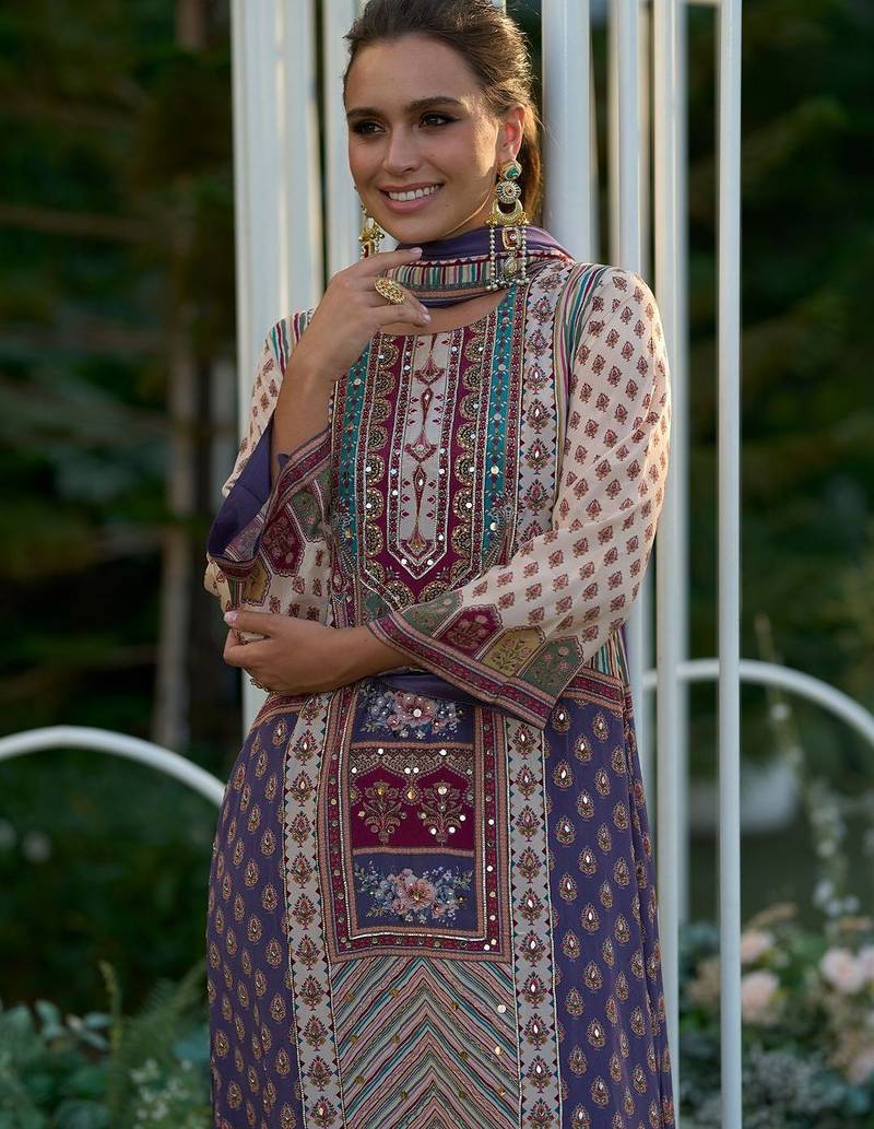 Floral Printed Mirror Work Liva Kurta with Palazzos & Dupatta