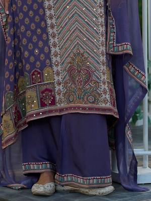 Floral Printed Mirror Work Liva Kurta with Palazzos & Dupatta 6