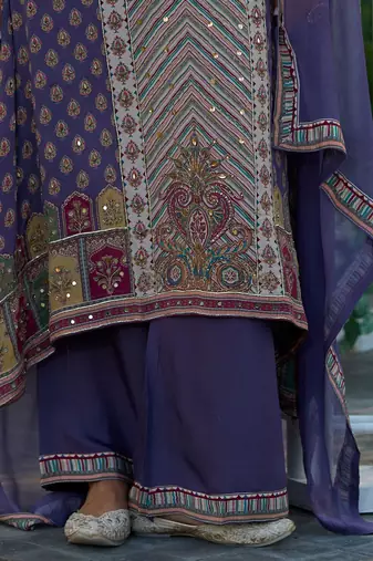 Floral Printed Mirror Work Liva Kurta with Palazzos & Dupatta