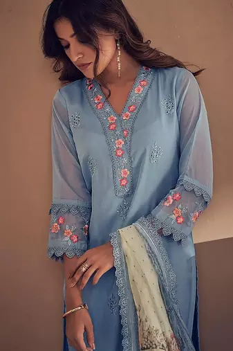 Blue Floral Embroidered Thread Work Straight Kurta With Trousers & Dupatta