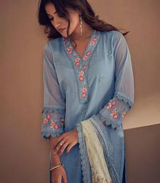 Blue Floral Embroidered Thread Work Straight Kurta With Trousers & Dupatta