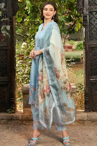 Blue Floral Embroidered Thread Work Straight Kurta With Trousers & Dupatta