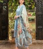Blue Floral Embroidered Thread Work Straight Kurta With Trousers & Dupatta