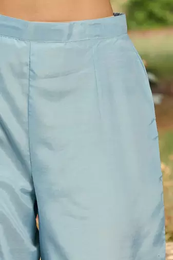 Blue Floral Embroidered Thread Work Straight Kurta With Trousers & Dupatta