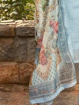 Blue Floral Embroidered Thread Work Straight Kurta With Trousers & Dupatta 4
