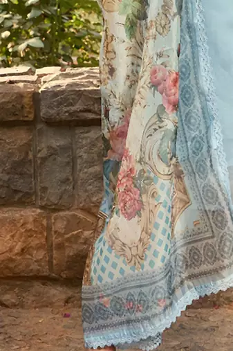 Blue Floral Embroidered Thread Work Straight Kurta With Trousers & Dupatta