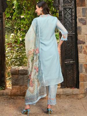 Blue Floral Embroidered Thread Work Straight Kurta With Trousers & Dupatta 5