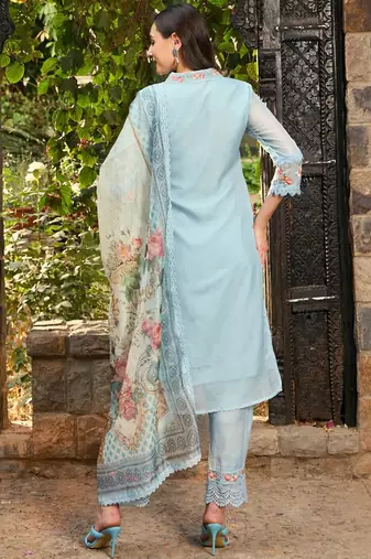 Blue Floral Embroidered Thread Work Straight Kurta With Trousers & Dupatta