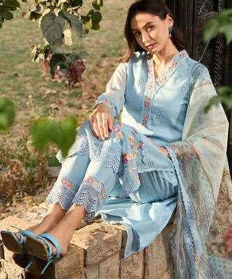 Blue Floral Embroidered Thread Work Straight Kurta With Trousers & Dupatta 6