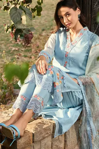 Blue Floral Embroidered Thread Work Straight Kurta With Trousers & Dupatta