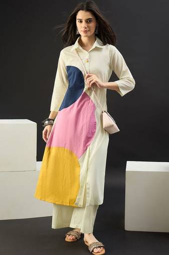 Women Colourblocked Panelled Pure Cotton Kurta with Palazzos