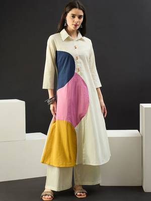 Women Colourblocked Panelled Pure Cotton Kurta with Palazzos 4
