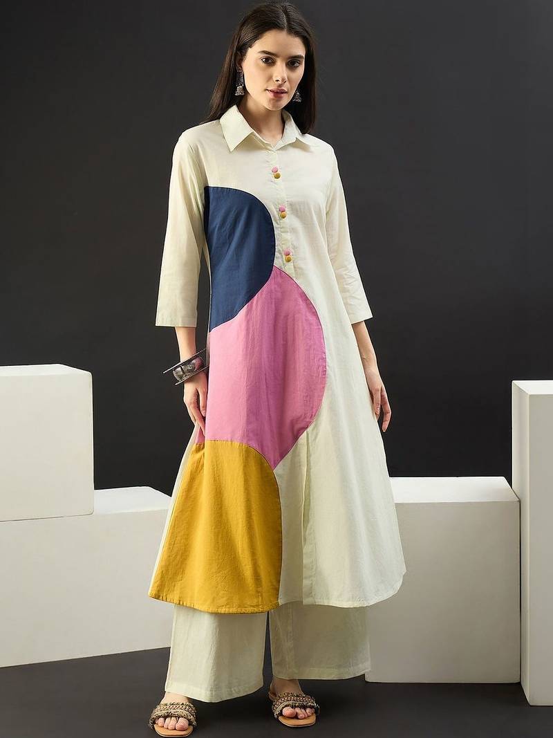 Women Colourblocked Panelled Pure Cotton Kurta with Palazzos