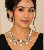 kundan baby pink mehendi polish necklace set with earrings and maang tikka for bridal wedding jewelry