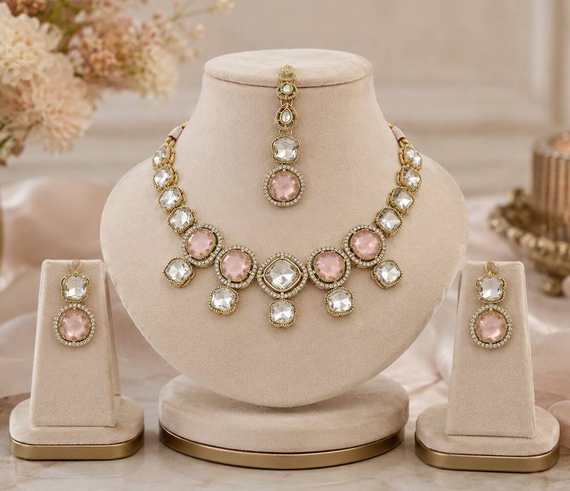kundan baby pink mehendi polish necklace set with earrings and maang tikka for bridal wedding jewelry