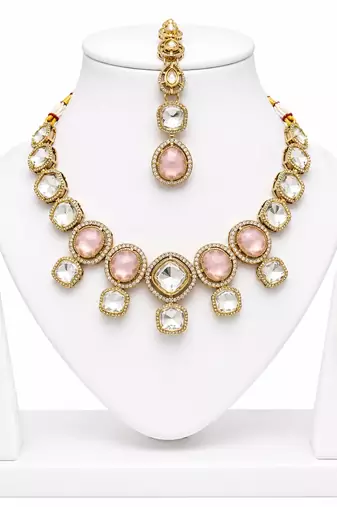 kundan baby pink mehendi polish necklace set with earrings and maang tikka for bridal wedding jewelry