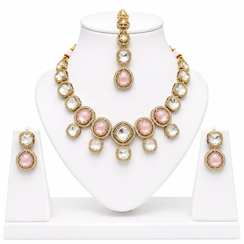 kundan baby pink mehendi polish necklace set with earrings and maang tikka for bridal wedding jewelry