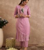 women floral embroidered regular thread work  cotton kurta with trousers
