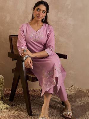 women floral embroidered regular thread work  cotton kurta with trousers 4