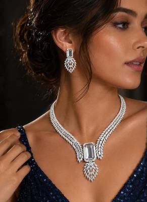 Silver Crystal Bridal Necklace Earrings Set, Emerald Marquise CZ Wedding Jewelry 1