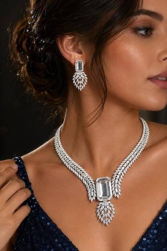 Silver Crystal Bridal Necklace Earrings Set, Emerald Marquise CZ Wedding Jewelry