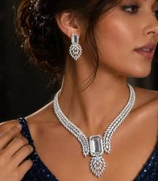 Silver Crystal Bridal Necklace Earrings Set, Emerald Marquise CZ Wedding Jewelry