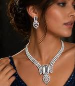 Silver Crystal Bridal Necklace Earrings Set, Emerald Marquise CZ Wedding Jewelry