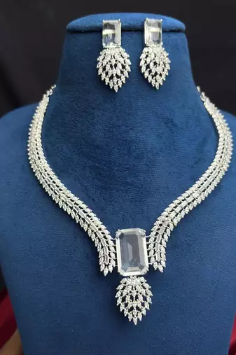 Silver Crystal Bridal Necklace Earrings Set, Emerald Marquise CZ Wedding Jewelry