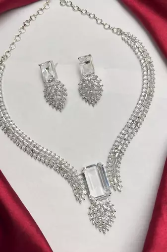 Silver Crystal Bridal Necklace Earrings Set, Emerald Marquise CZ Wedding Jewelry