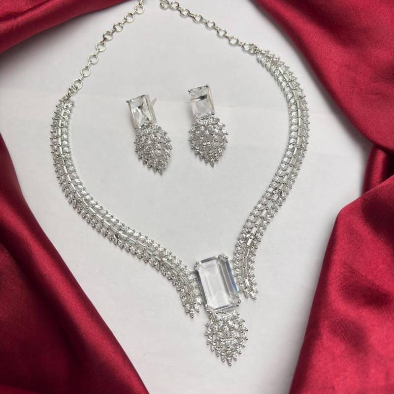 Silver Crystal Bridal Necklace Earrings Set, Emerald Marquise CZ Wedding Jewelry